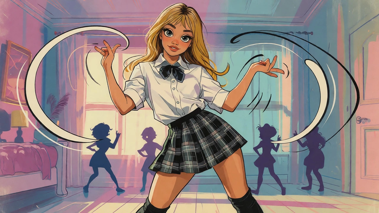 Schoolgirl performing iconic shoulder roll dance move in vintage cartoon style