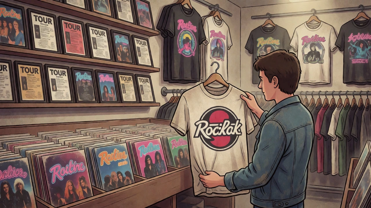 Shelves displaying vintage 1980s band t-shirts and programs