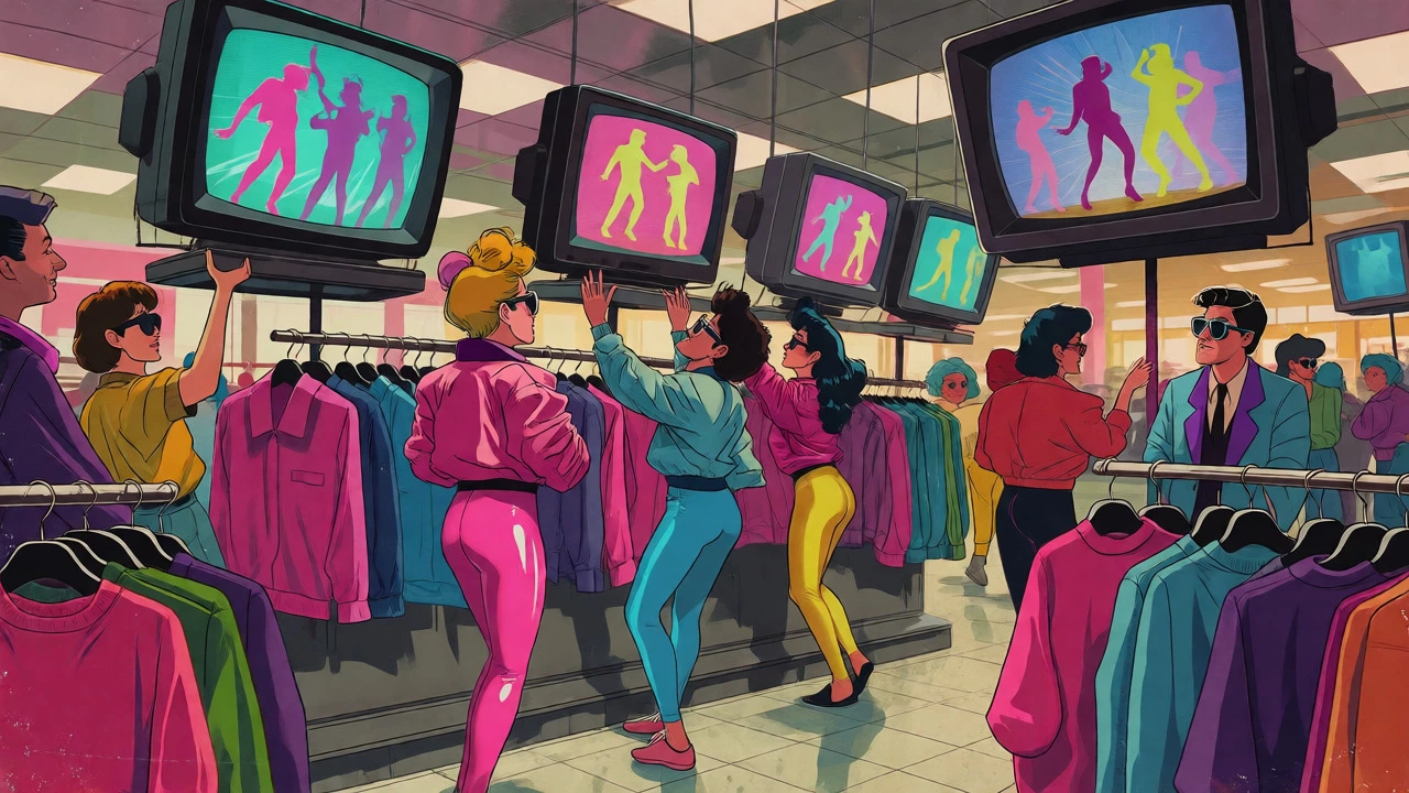 Shoppers in 80s fashion buying clothes while watching music videos on store TVs.