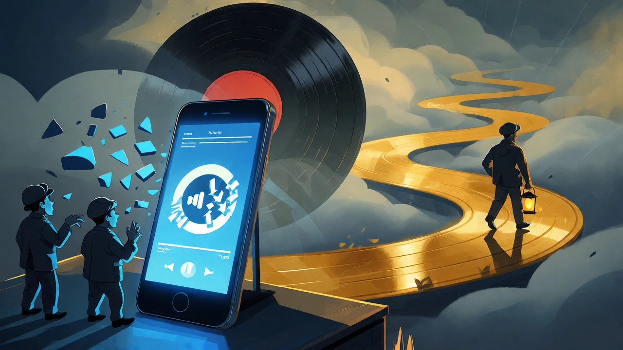 Smartphone with shuffled playlist contrasted against a winding vinyl path.