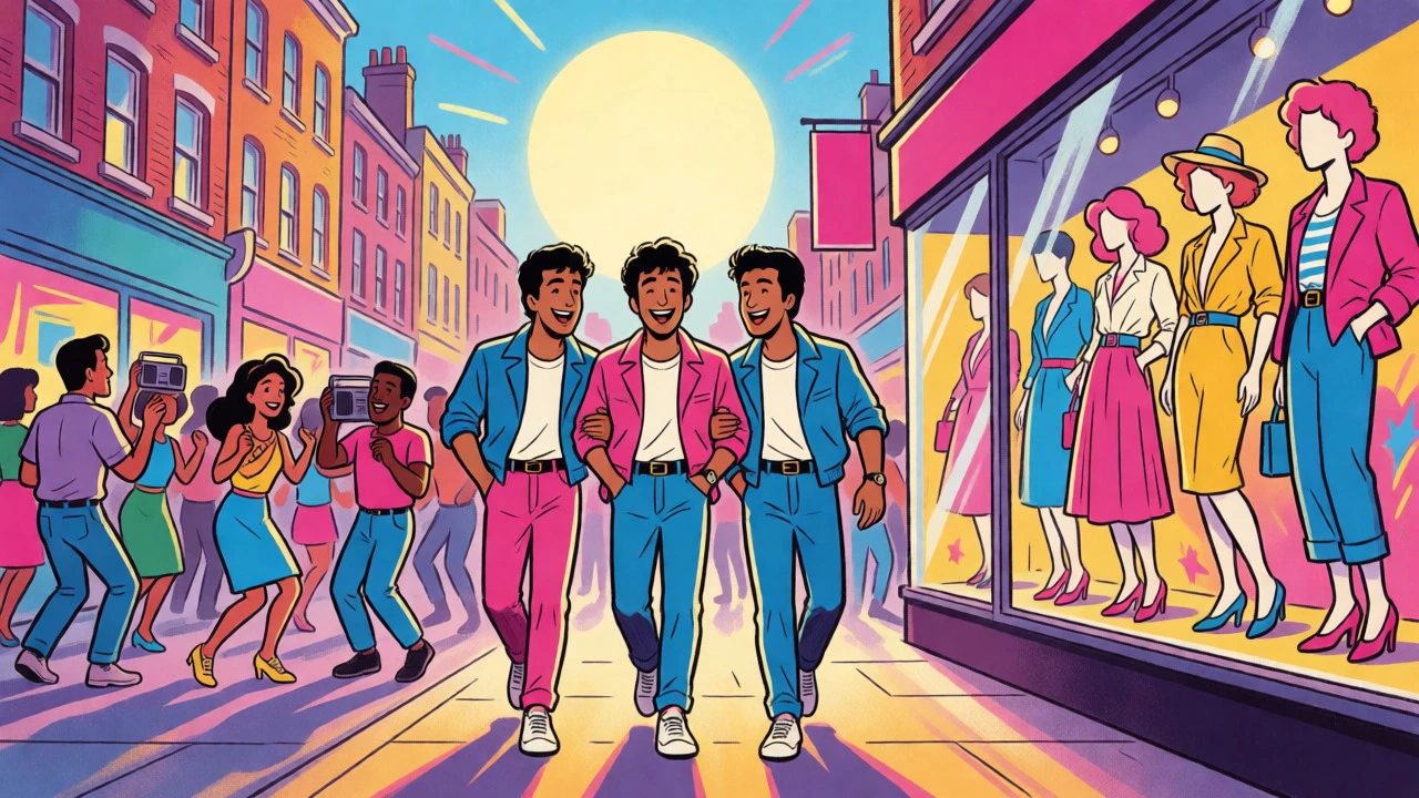 Smiling musicians walk through a vibrant 1980s London street scene.
