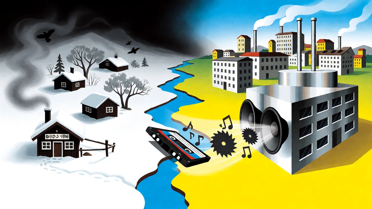 Split illustration of Norwegian black metal snow and Swedish studio culture