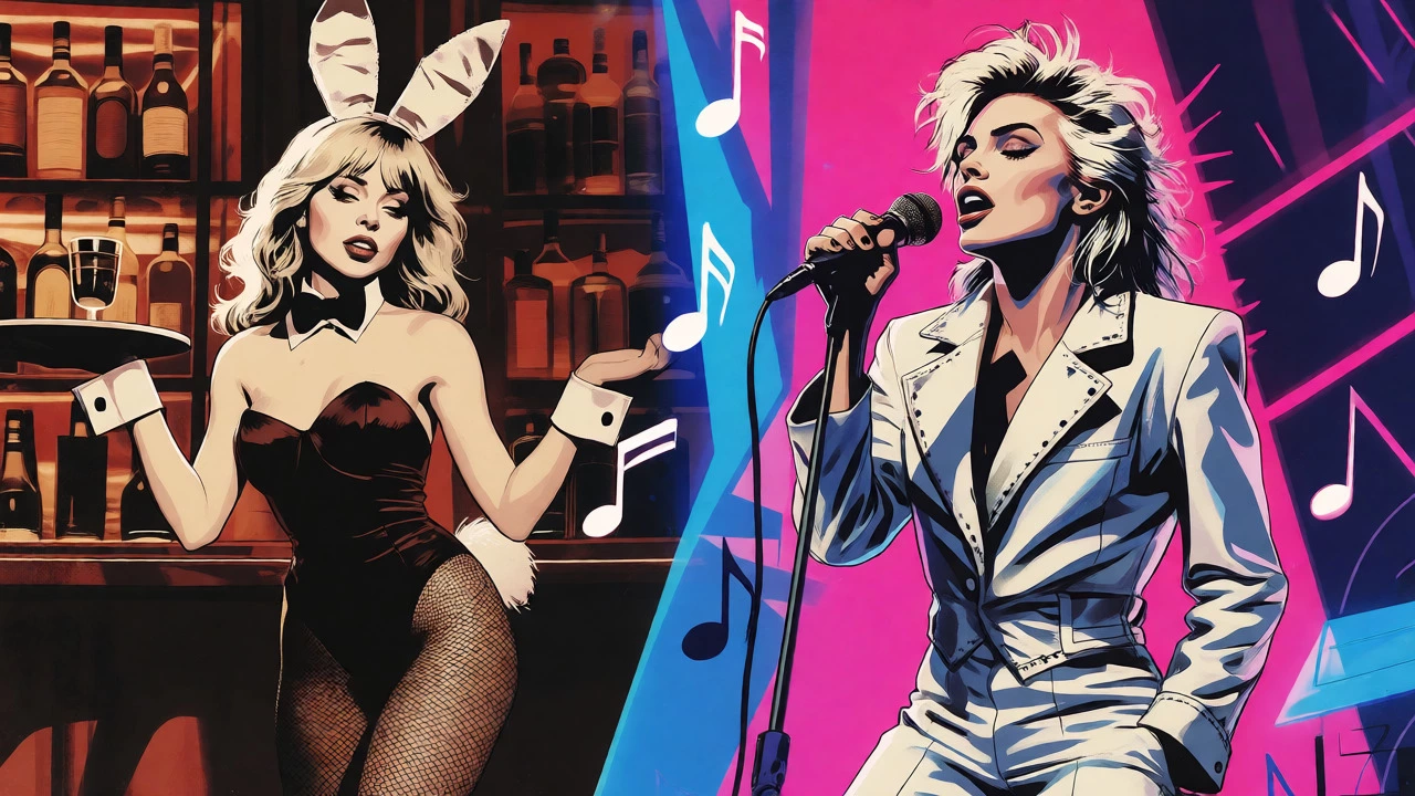 Split image of Debbie Harry as a Playboy Bunny transforming into a punk rock star.
