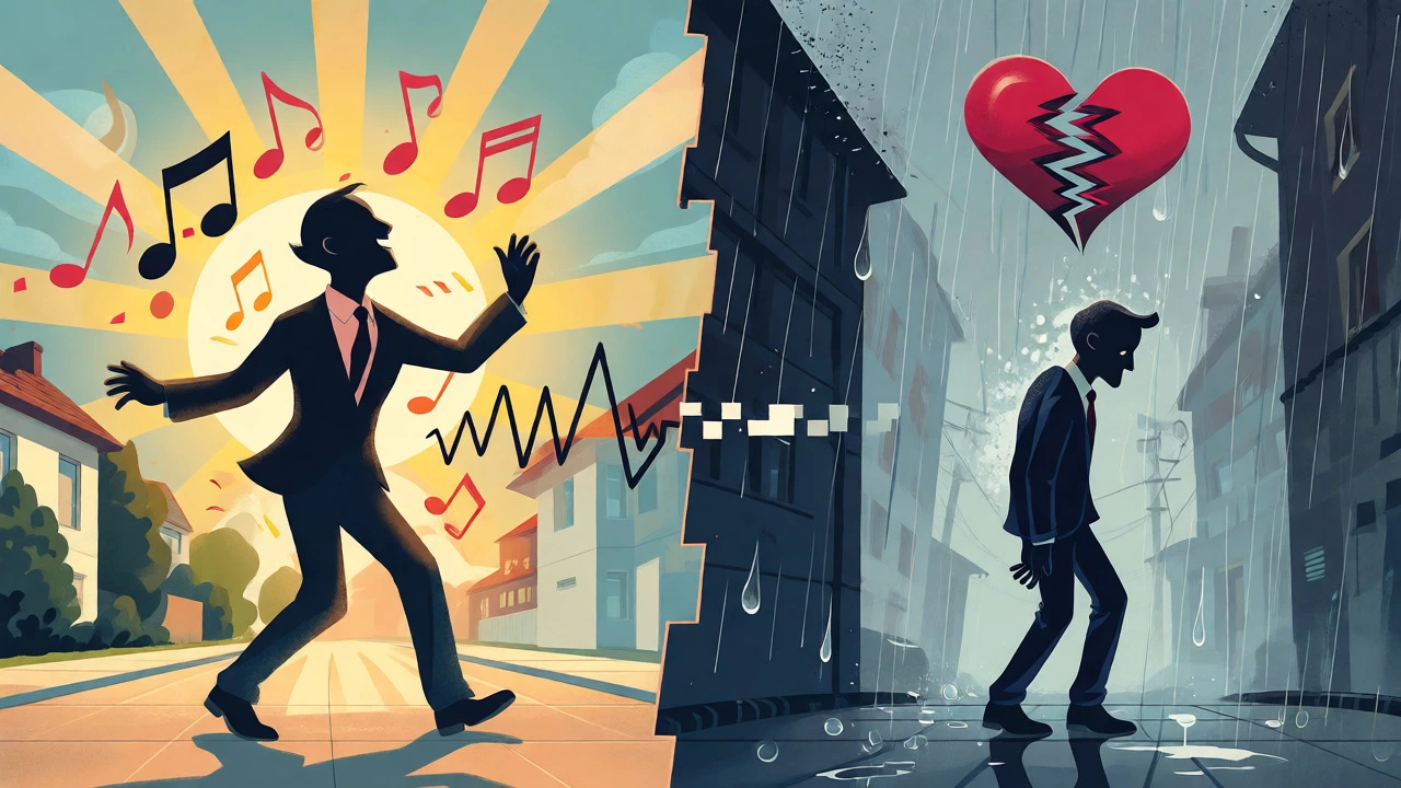Split image showing joyful dancing versus lonely heartbreak.