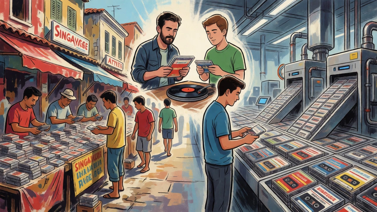 Split scene comparing street market cassette sales with industrial duplication factories.