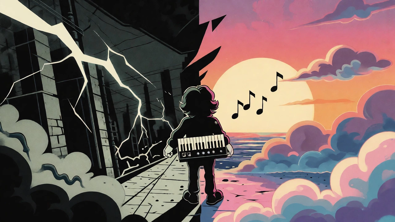 Split scene showing aggressive Darksynth lightning versus peaceful Dreamwave pastels in cartoon style.