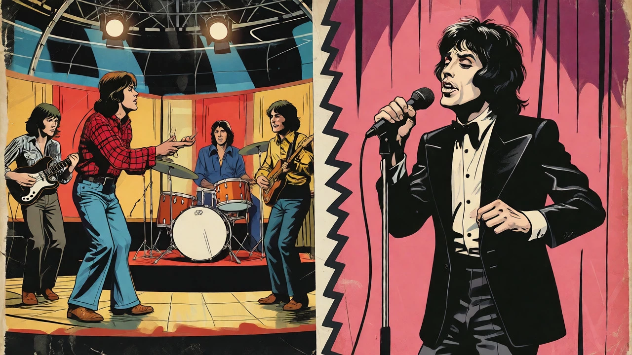 Split-screen cartoon comparing live US band performance with UK lip-synced act.