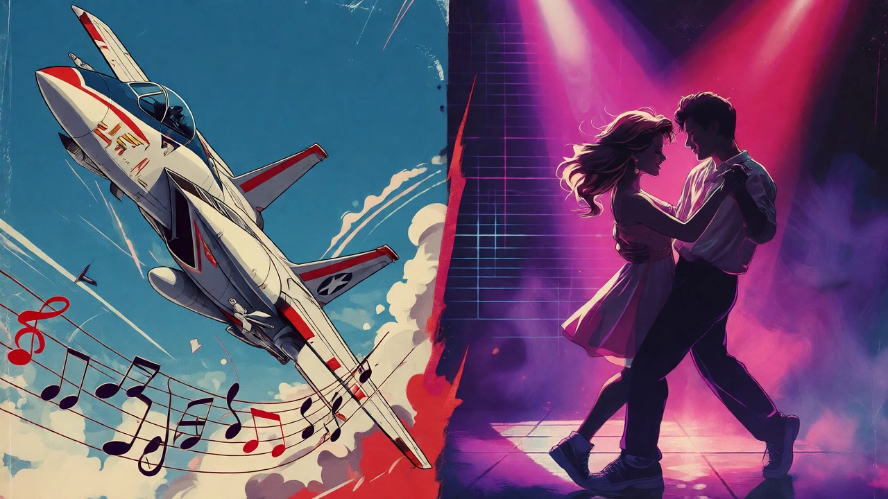 Split screen comparing a fighter jet scene and a teen dance scene.