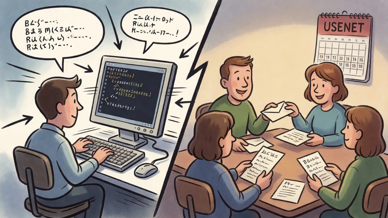 Split view comparing fast IRC command lines with slow, communal Usenet forum discussions.