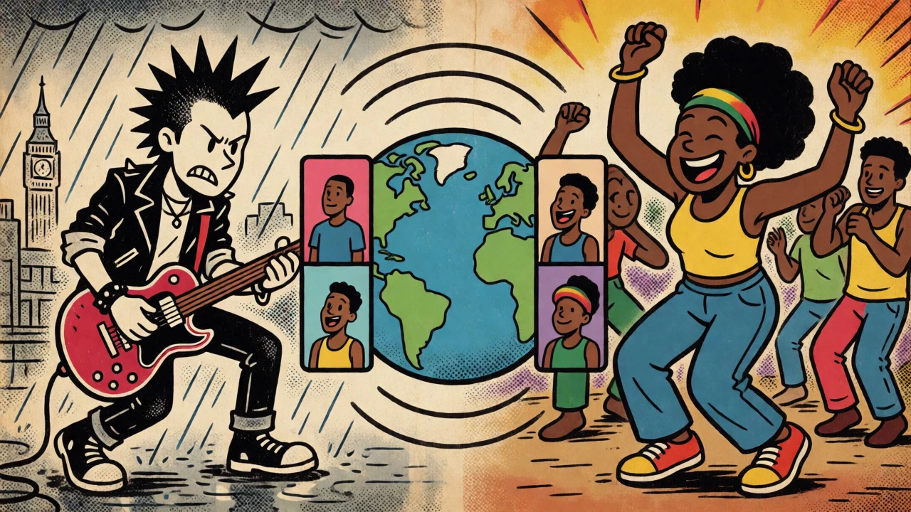 Split view of a London punk and Lagos dancer connected by a globe, showing global musical protest links.
