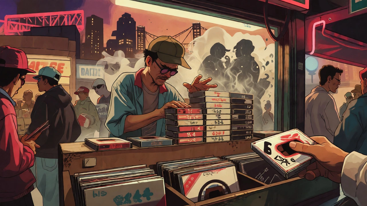 Street record store scene showing mixtape exchange and cultural connection