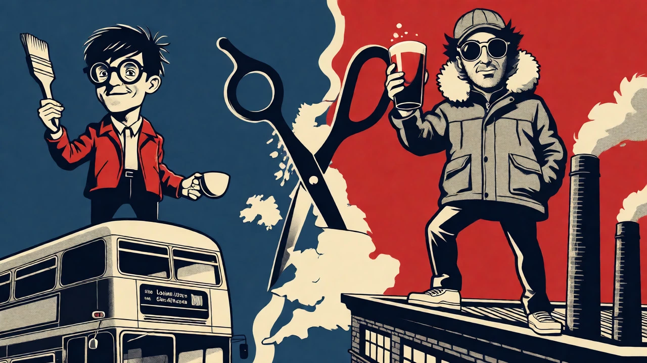 Stylized characters representing Blur and Oasis standing on opposite sides of a divided map of Britain.