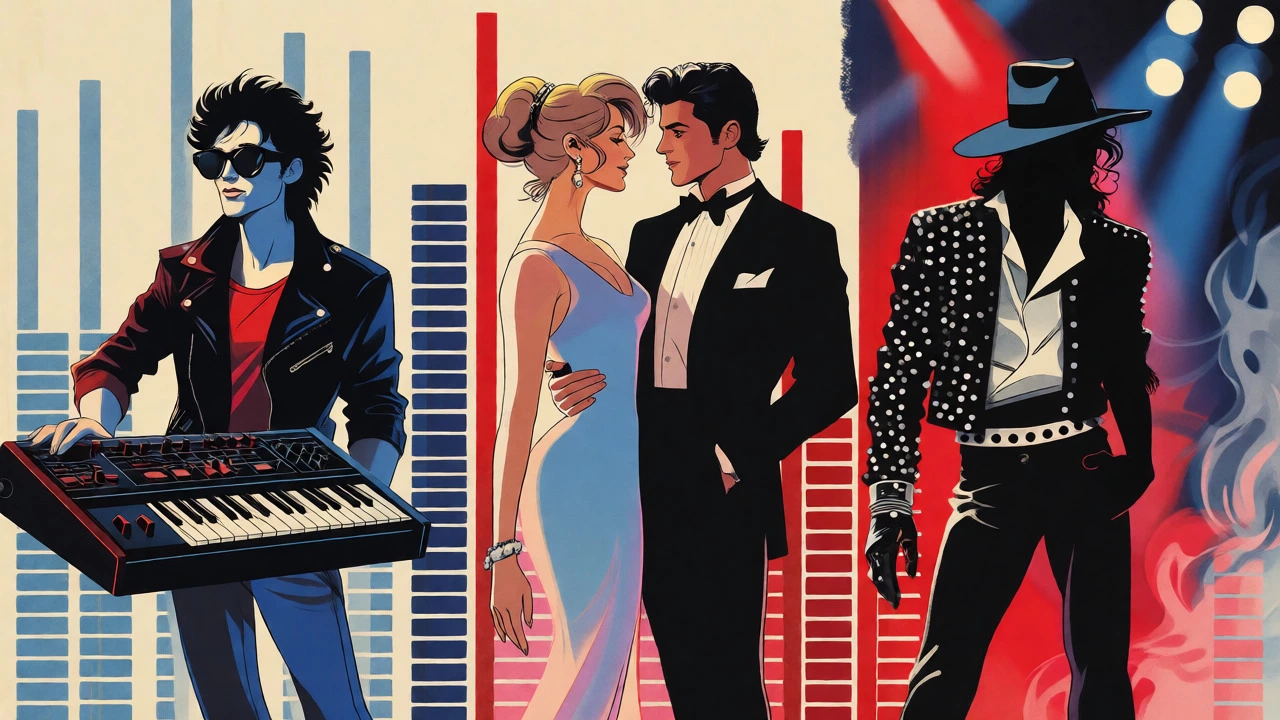 Stylized figures representing 80s pop stars with instruments