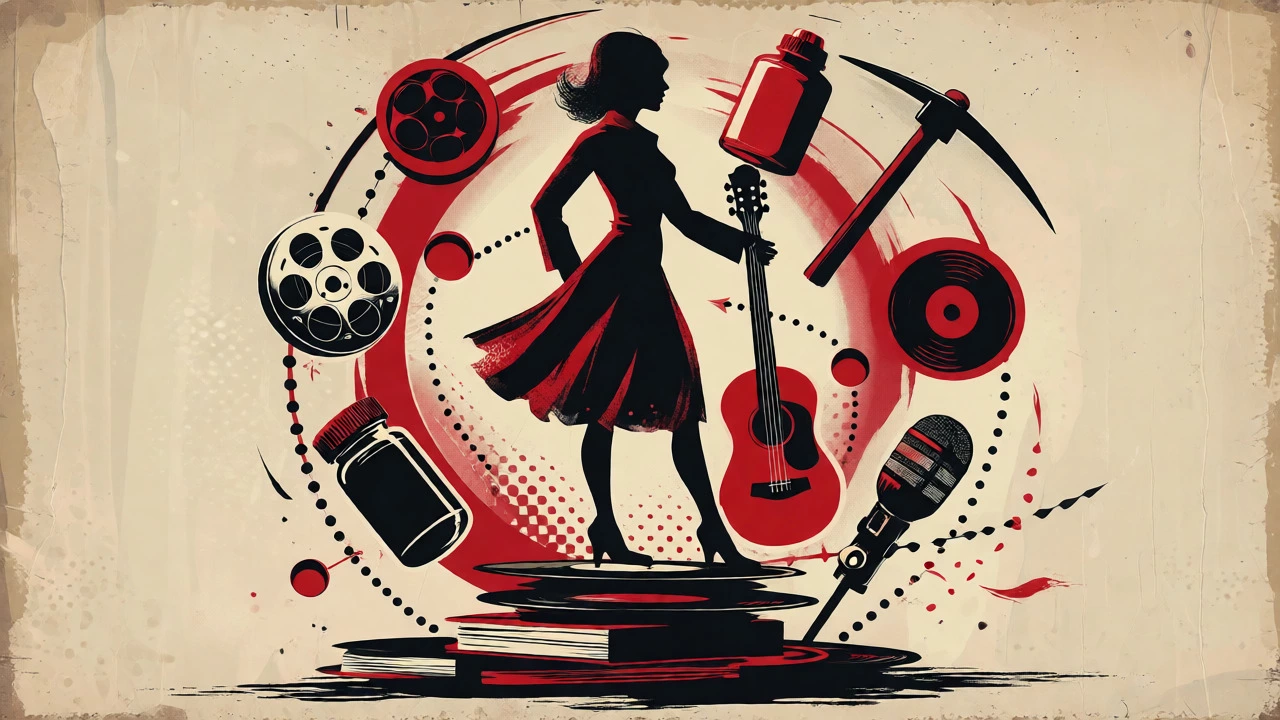 Stylized illustration of a musician surrounded by symbols of her life story.