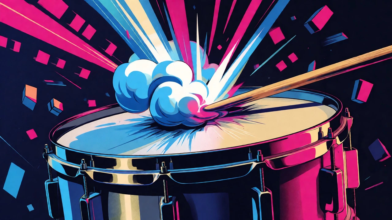 Stylized snare drum impact with explosive visual sound waves.