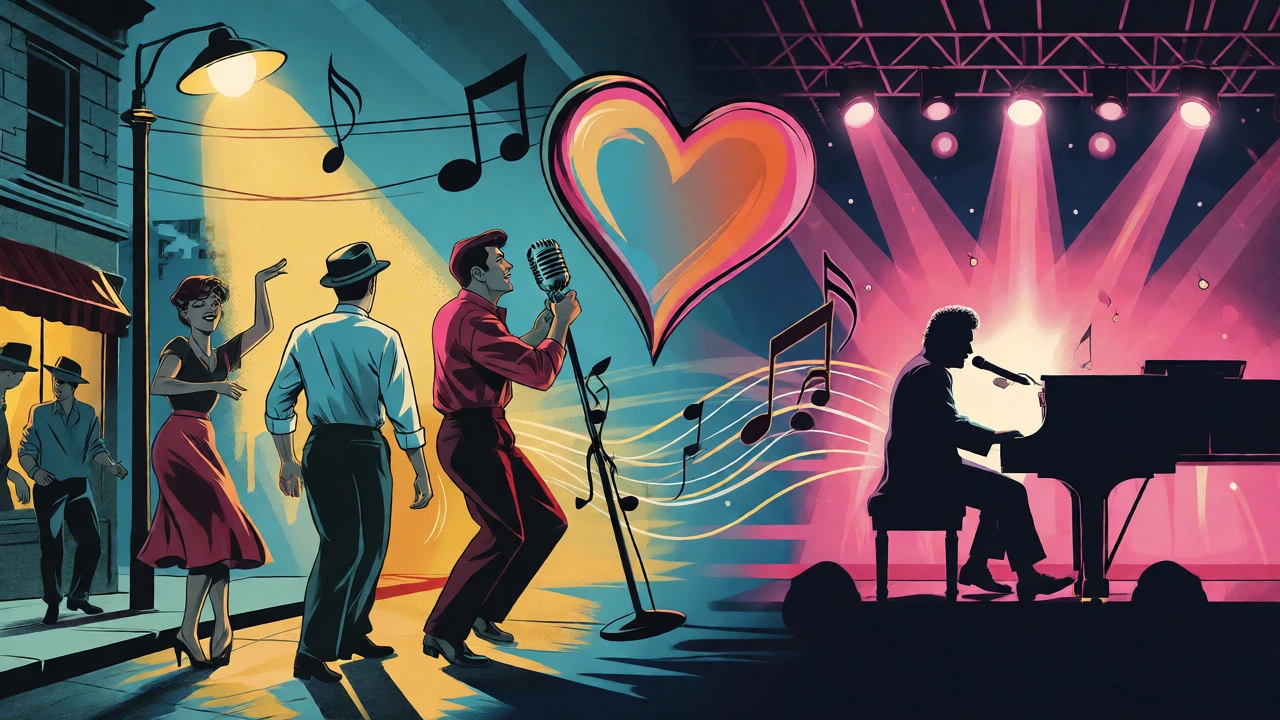 Stylized transition from 50s doo-wop dancers to 80s stage performance