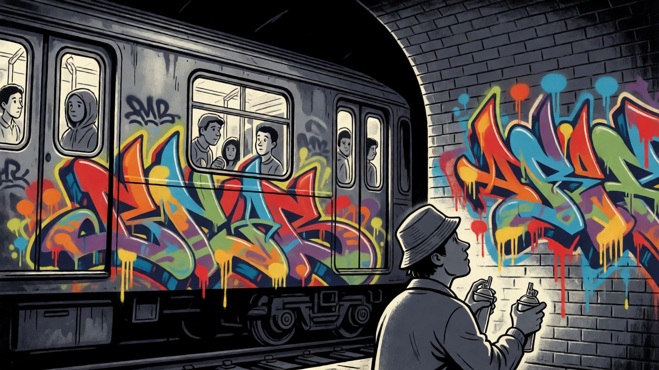 Subway train covered in colorful graffiti moving through a tunnel
