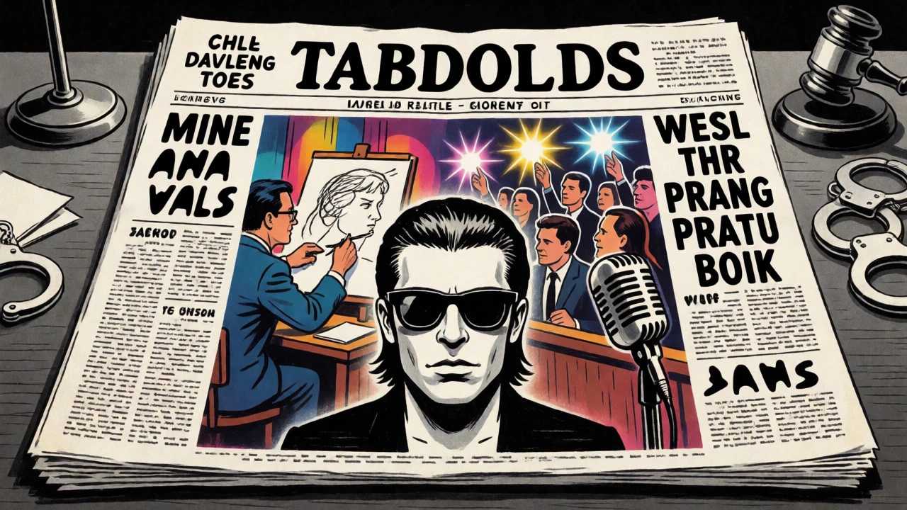 Surreal cartoon collage mixing a mugshot, courtroom sketches, and paparazzi flashes.