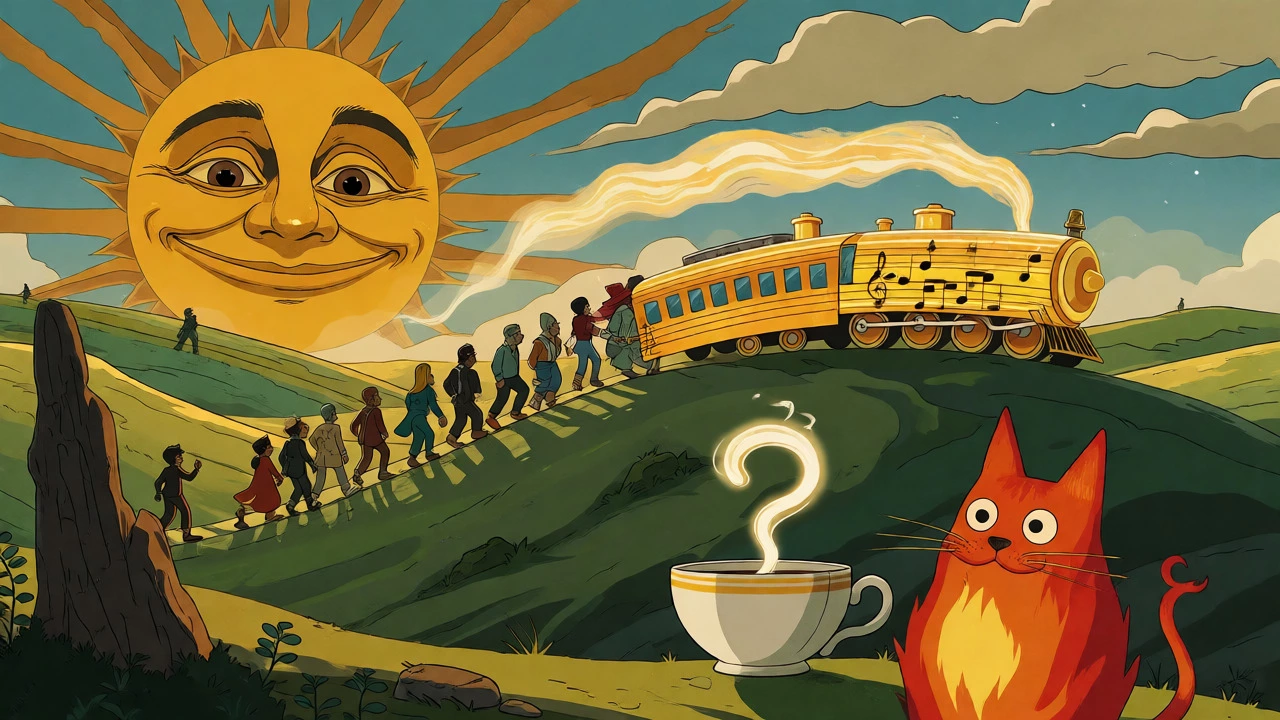 Surreal vintage cartoon of a peace train traveling through hills