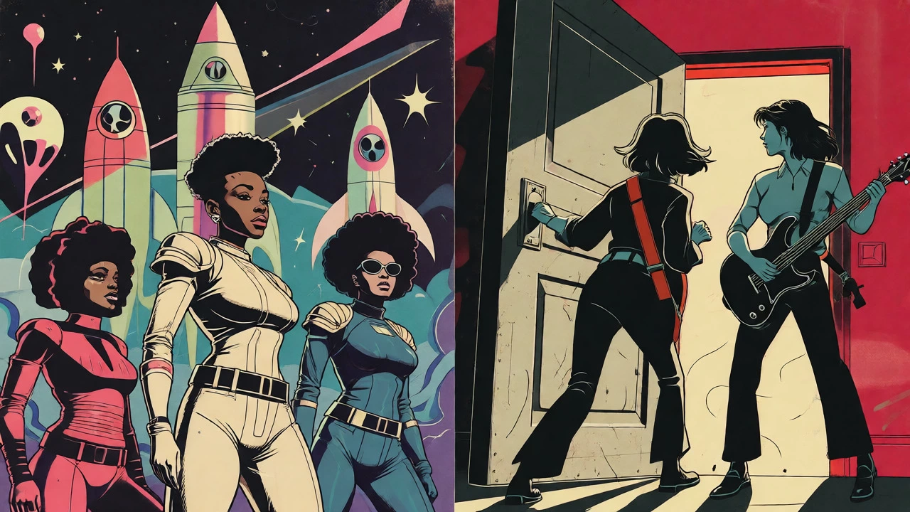 Symbolic vintage cartoon image showing female rock pioneers breaking barriers