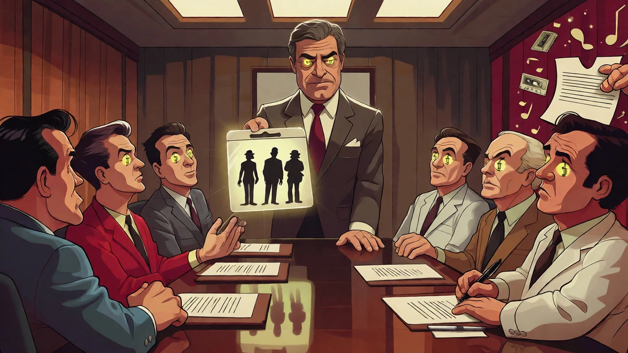 Talent agent presenting a packaged deal to eager studio executives in a 1980s boardroom