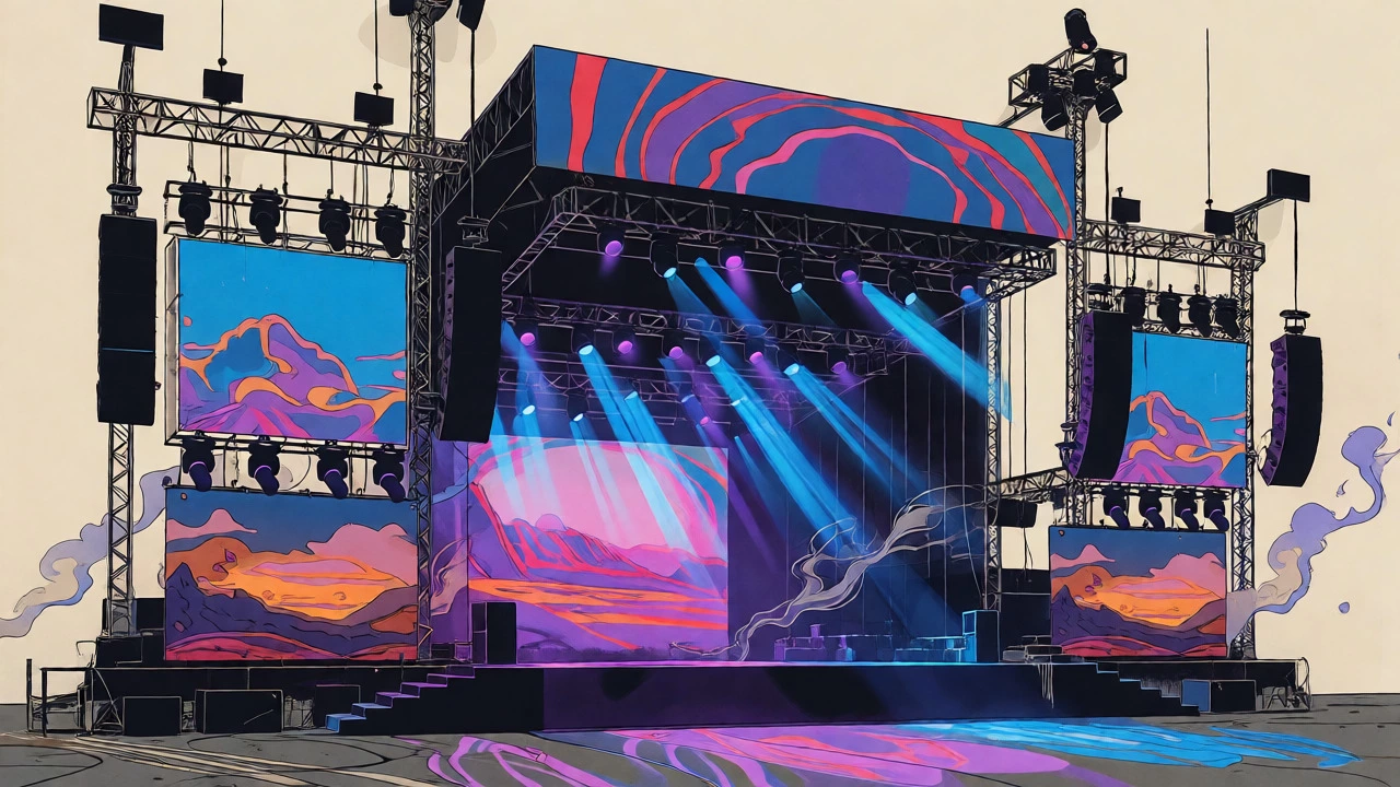 Technical vintage comic drawing of concert stage pillars with desert-themed lighting and projections.