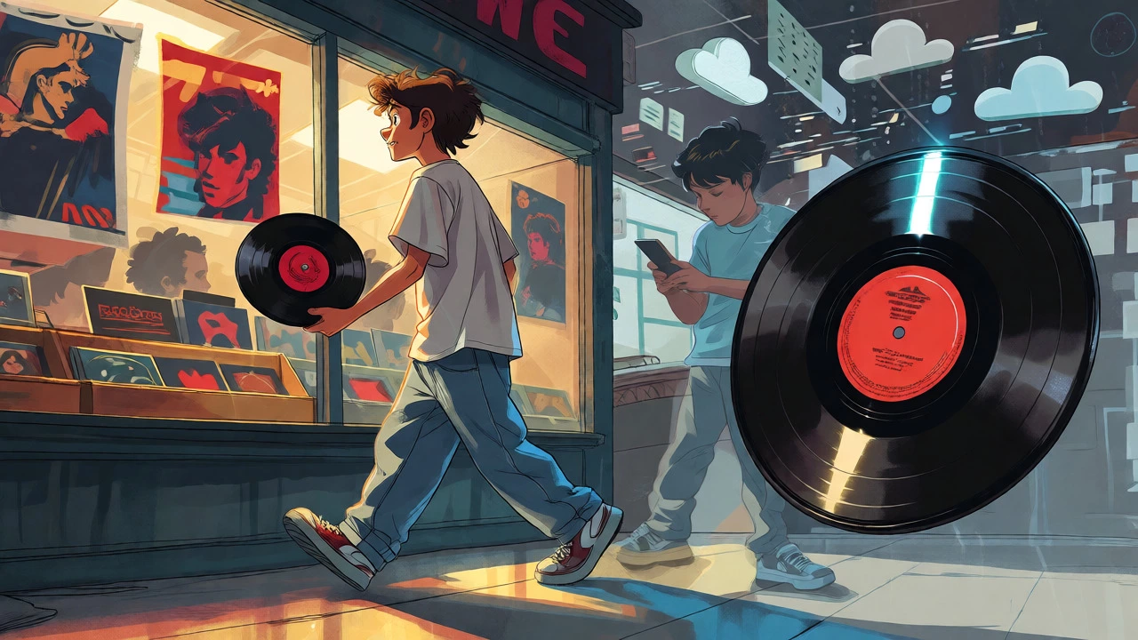 Teenager holding vinyl record with digital streaming background