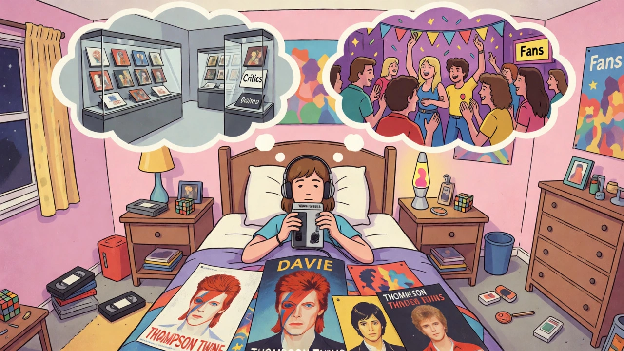 Teenager listening to music imagining the gap between critical museums and fan parties.