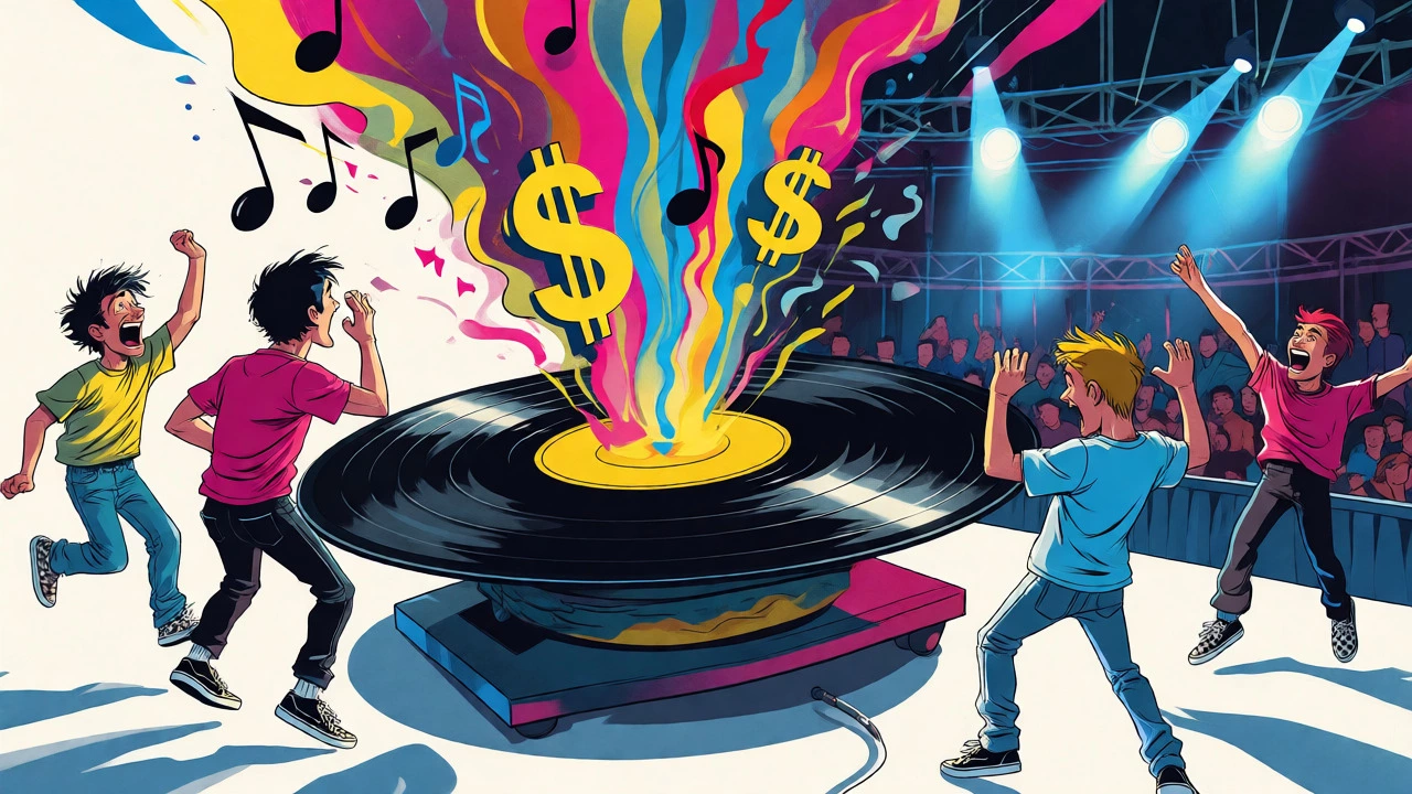Teenagers celebrating the 1994 pop punk explosion with a giant spinning vinyl record.