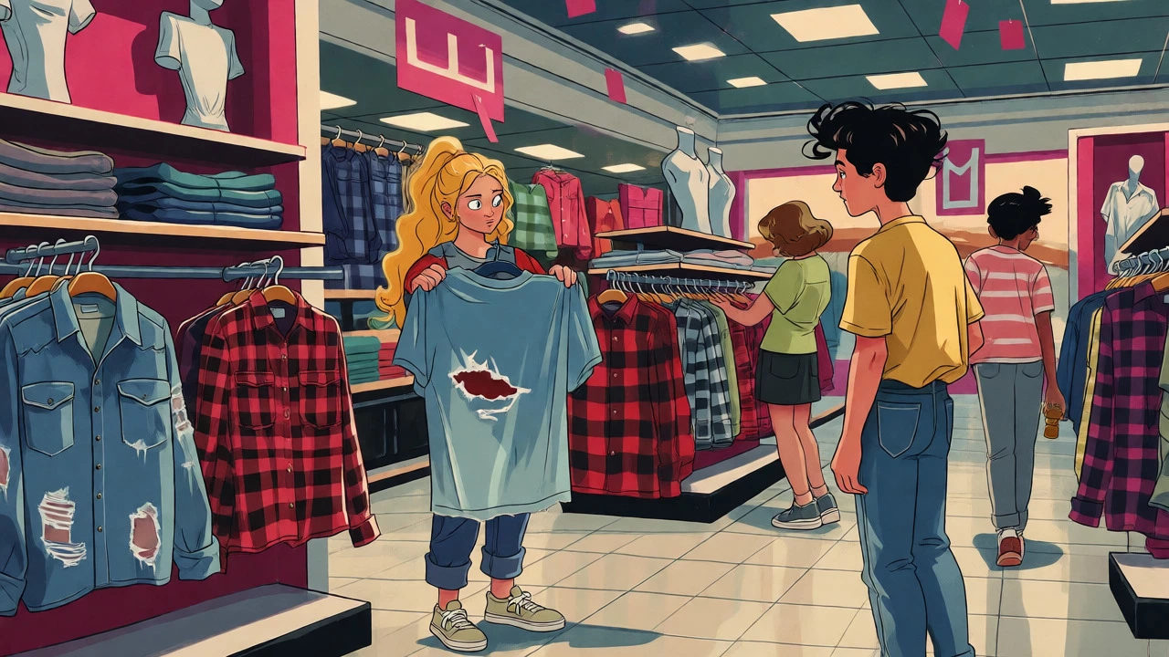 Teens browsing mass-produced grunge clothing in a mall