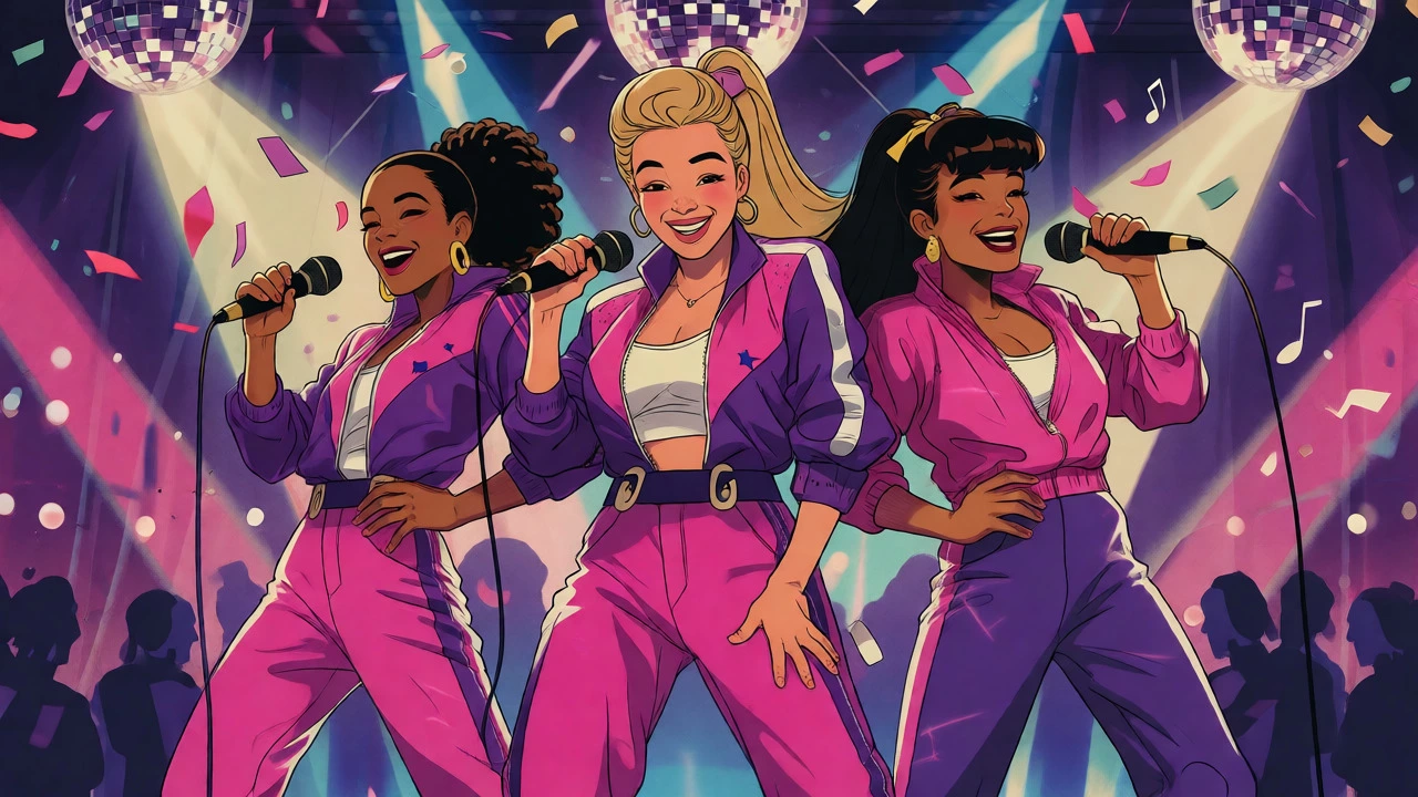 Three women in colorful tracksuits performing on a disco-lit stage