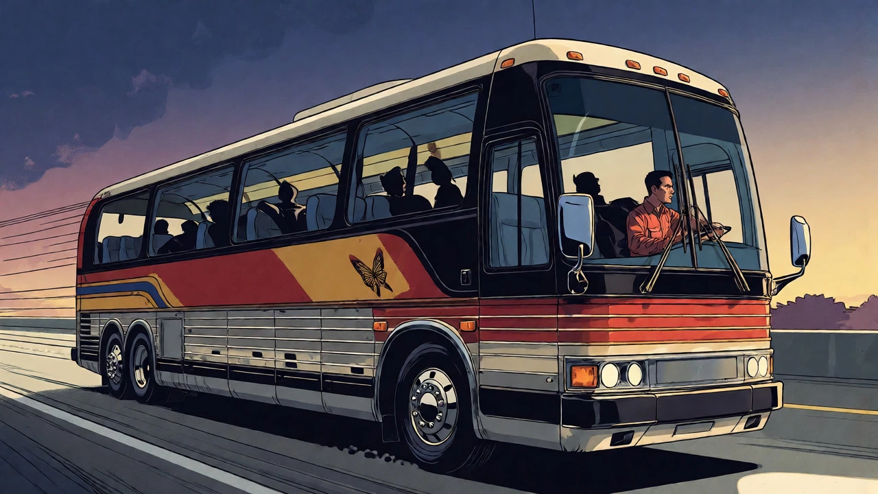 Tour bus driving on highway at dawn with sleeping passengers