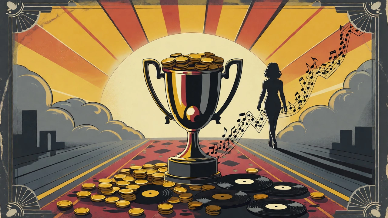 Trophy overflowing with records and coins as singer walks into sunrise in vintage cartoon
