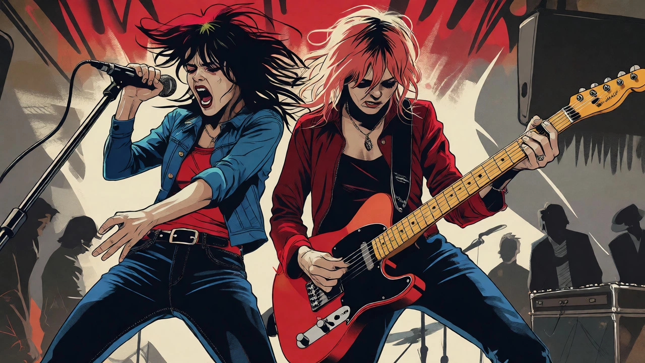 Two female rock musicians playing guitar and singing with intensity in vintage cartoon style