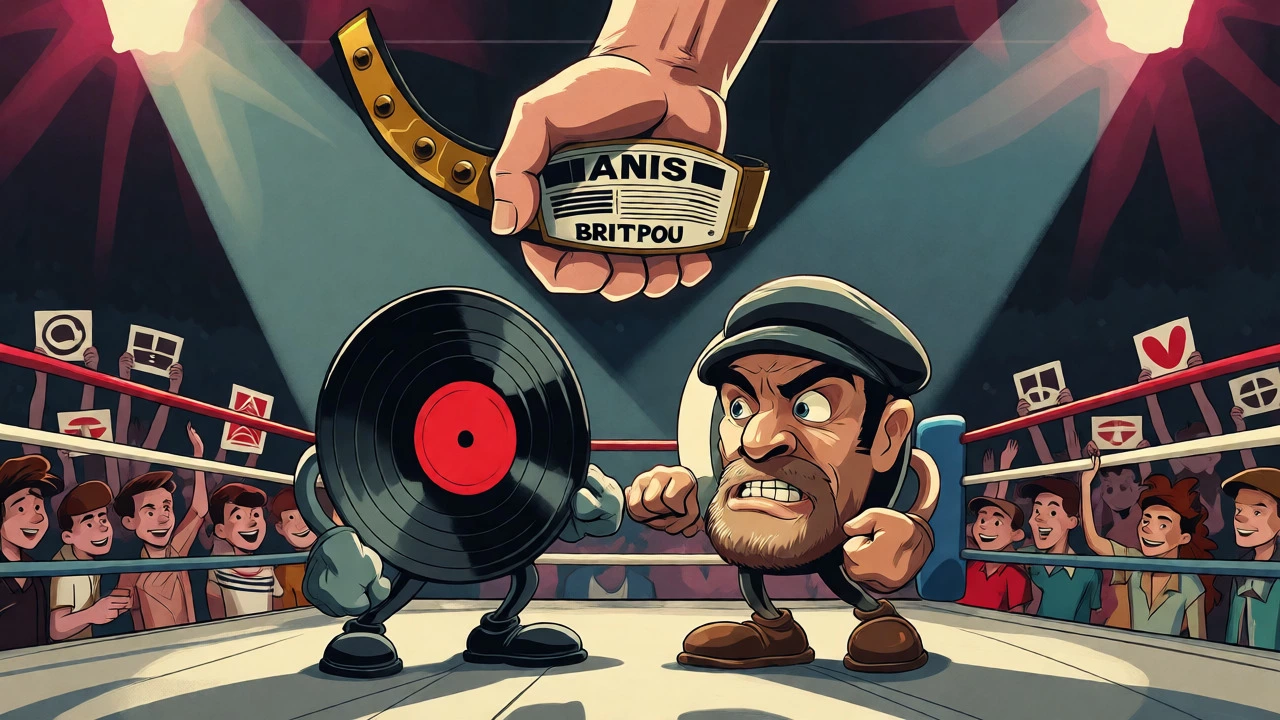 Two vinyl records facing off in a boxing ring under a spotlight, symbolizing the Battle of Britpop.