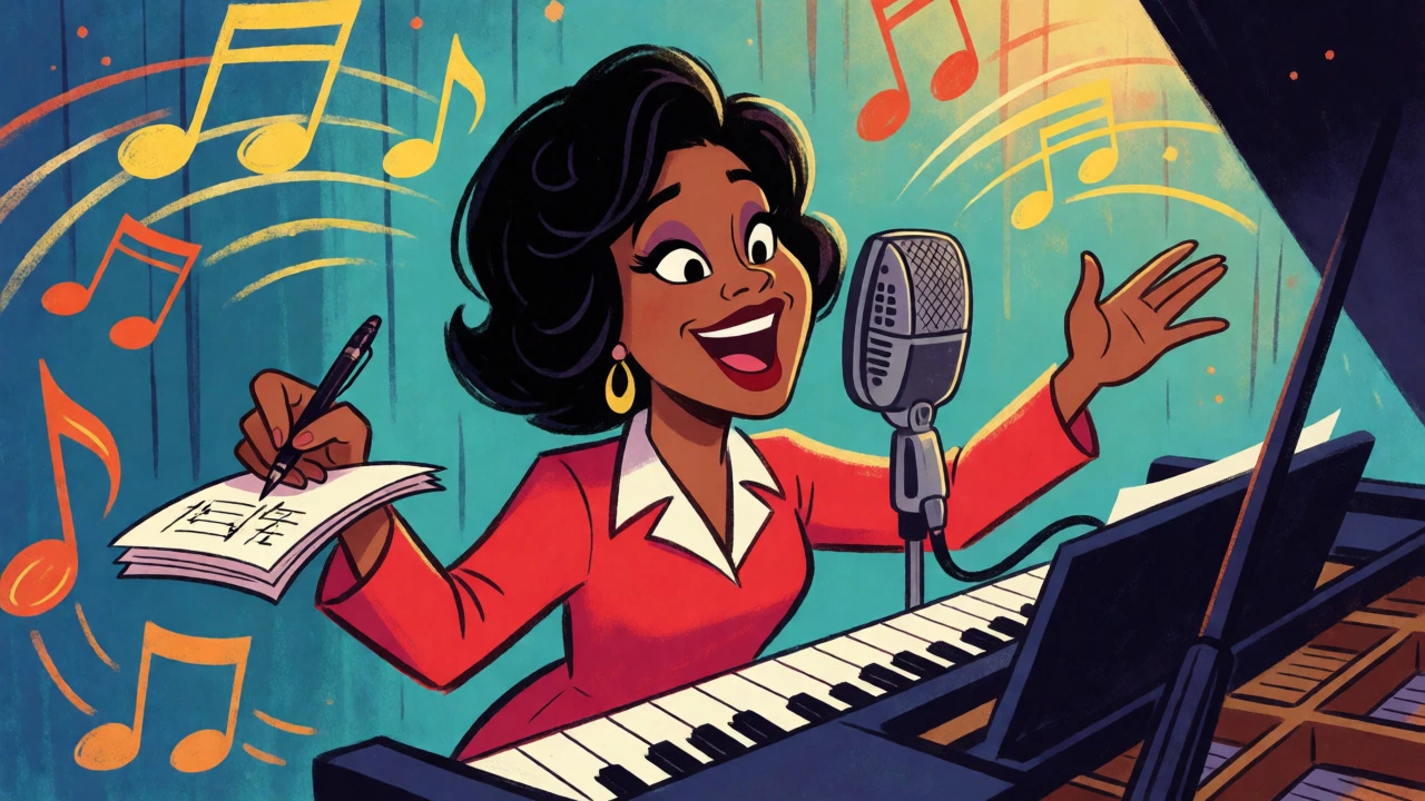Valerie Simpson conducting and producing at a piano in a recording booth.