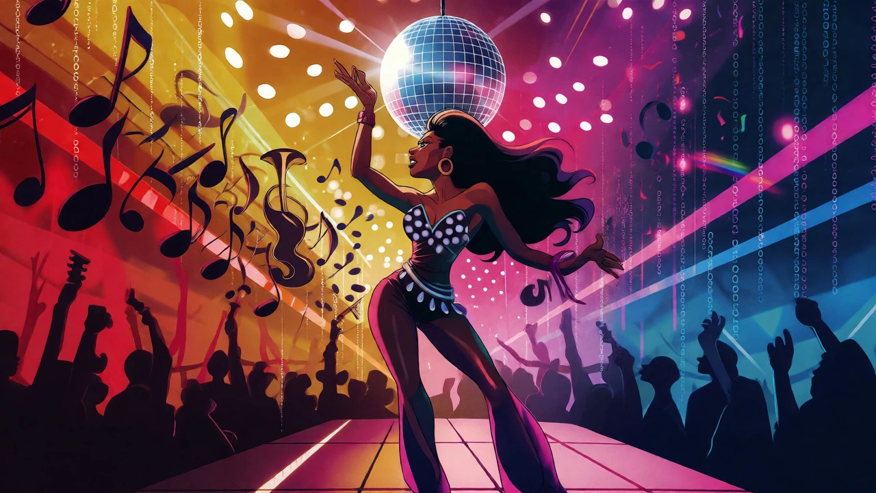 Vintage cartoon collage of Donna Summer as disco queen