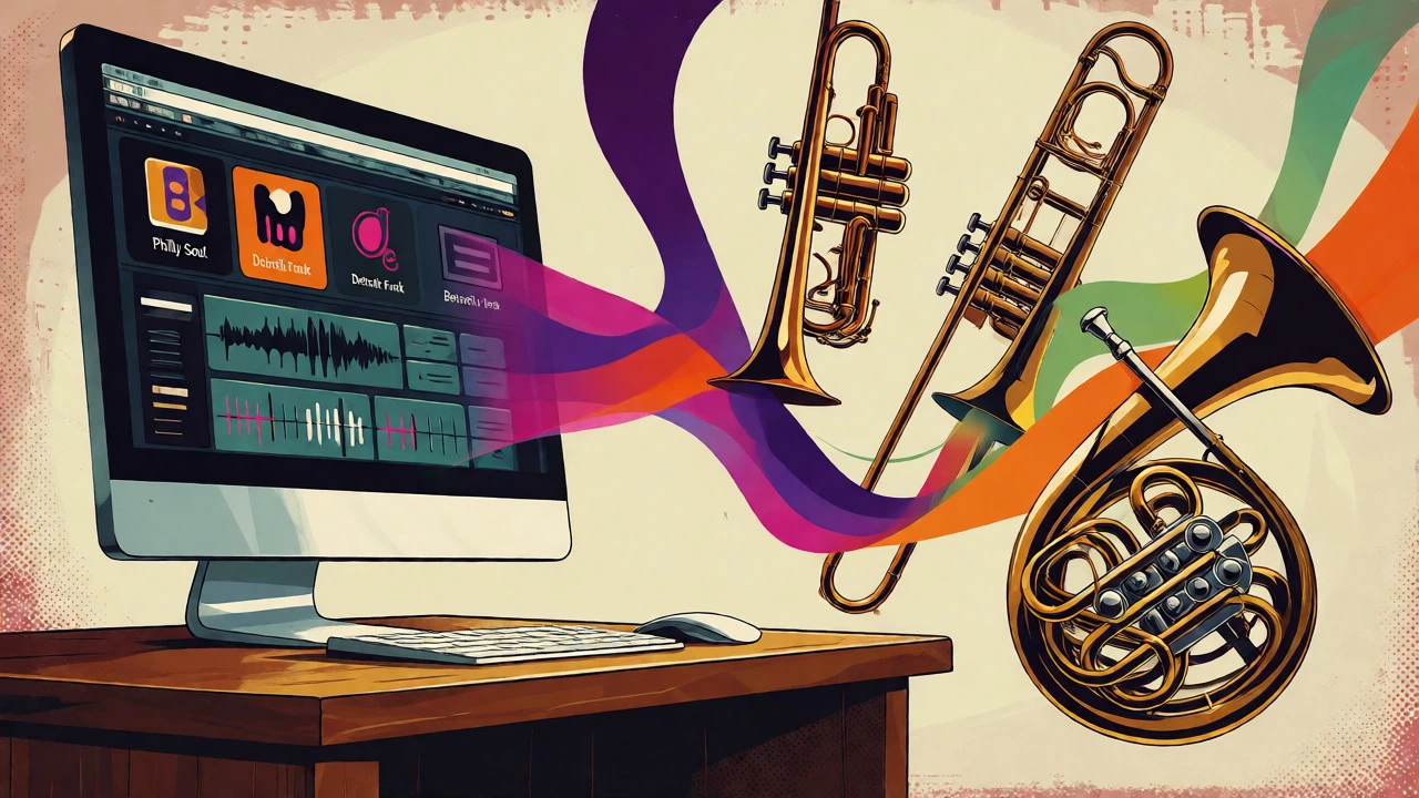 Vintage cartoon illustrating modern production mixing digital samples with floating brass instruments.