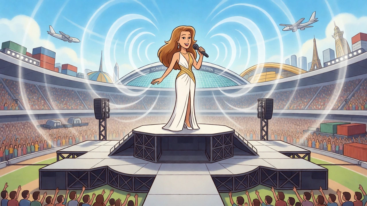 Vintage cartoon of a diva performing in a massive stadium with global landmarks and sound wave effects in the background.
