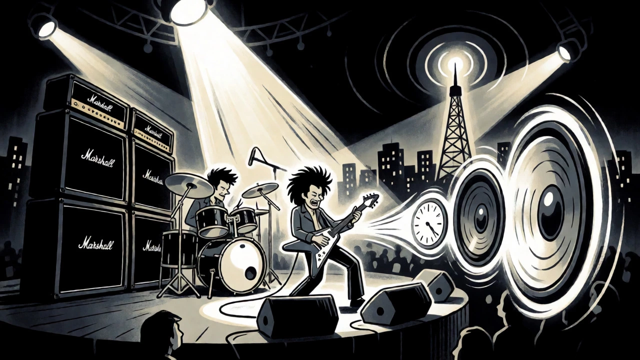 Vintage cartoon of a hard rock guitarist on stage connected to a distant radio tower.