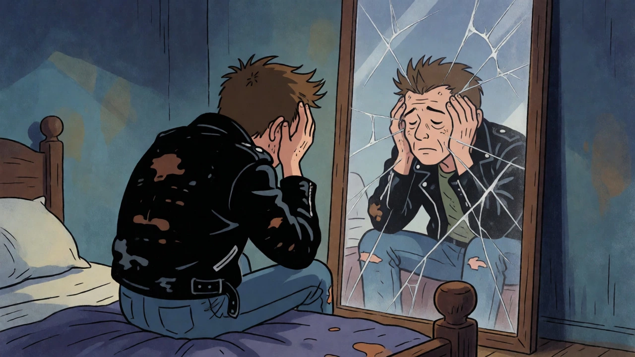 Vintage cartoon of a lonely punk reflecting on mental health in front of a cracked mirror.