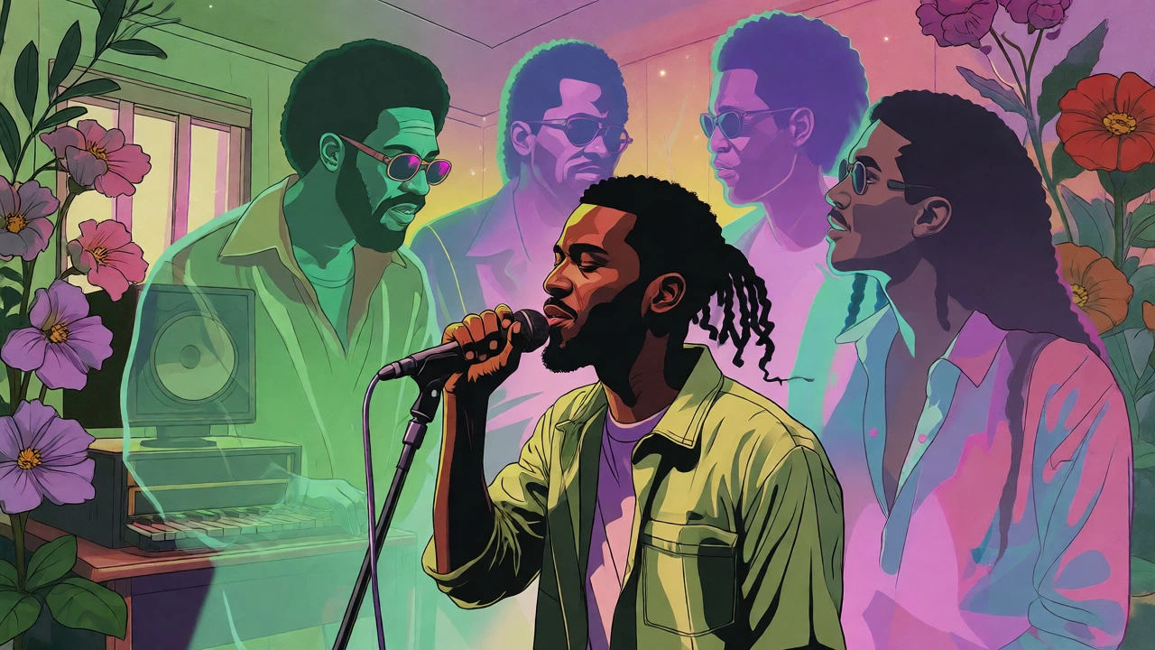 Vintage cartoon of a modern singer guided by ghostly figures of soul legends.