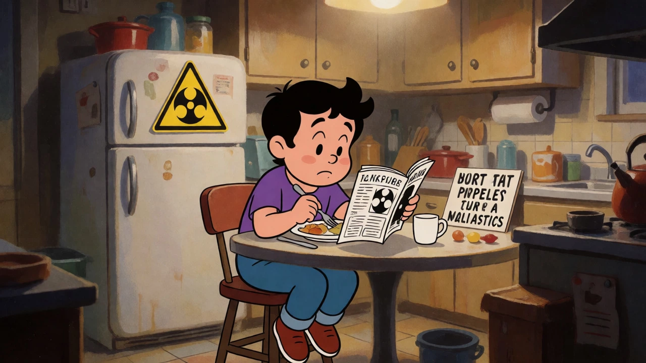 Vintage cartoon of a person in a kitchen surrounded by subtle political symbols and zines.