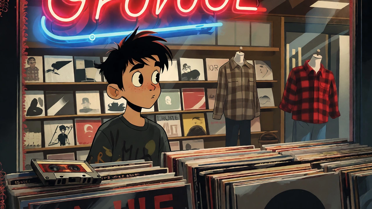 Vintage cartoon of a record store reflecting grunge's lasting influence.