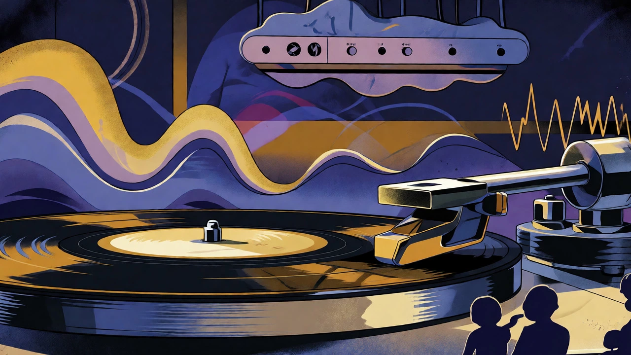 Vintage cartoon of a vinyl lathe cutting a record with abstract sound waves and a plate reverb unit.