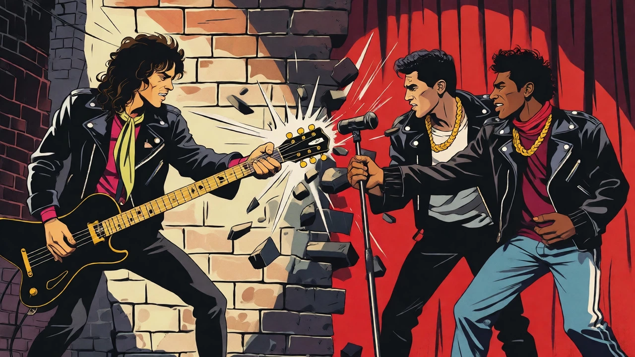 Vintage cartoon of Aerosmith and Run-D.M.C. breaking down a brick wall together.
