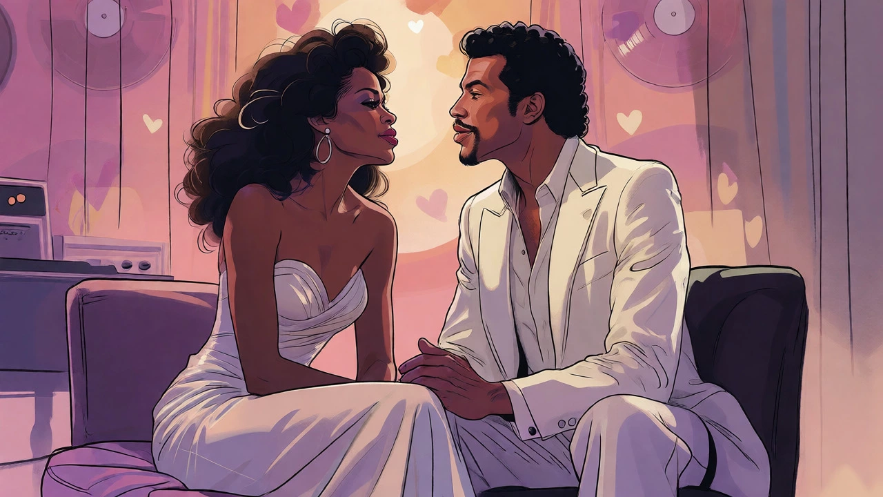 Vintage cartoon of Diana Ross and Lionel Richie singing a romantic duet together.
