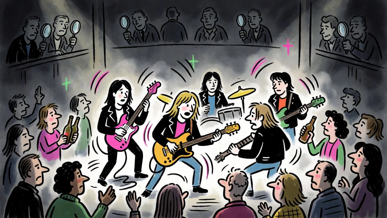 Vintage cartoon of punk band playing in hostile NYC club