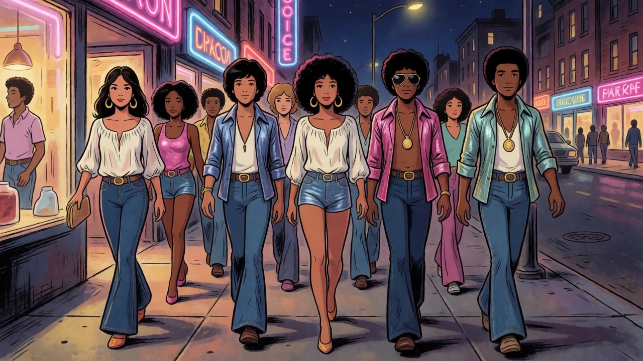 Vintage cartoon of youth in bell-bottoms and shiny tops on a city street