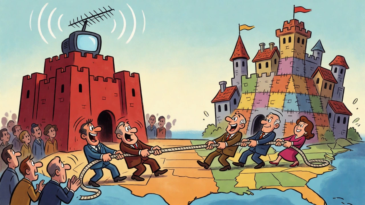 Vintage cartoon showing a tug-of-war between a red corporate fortress and a patchwork castle over a US map.
